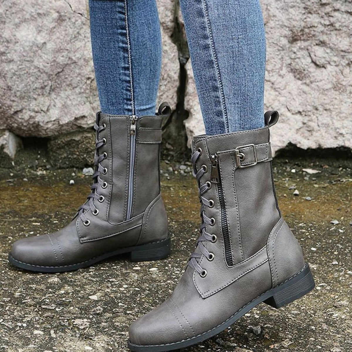 Dames veterboots van imitatieleer met zijrits