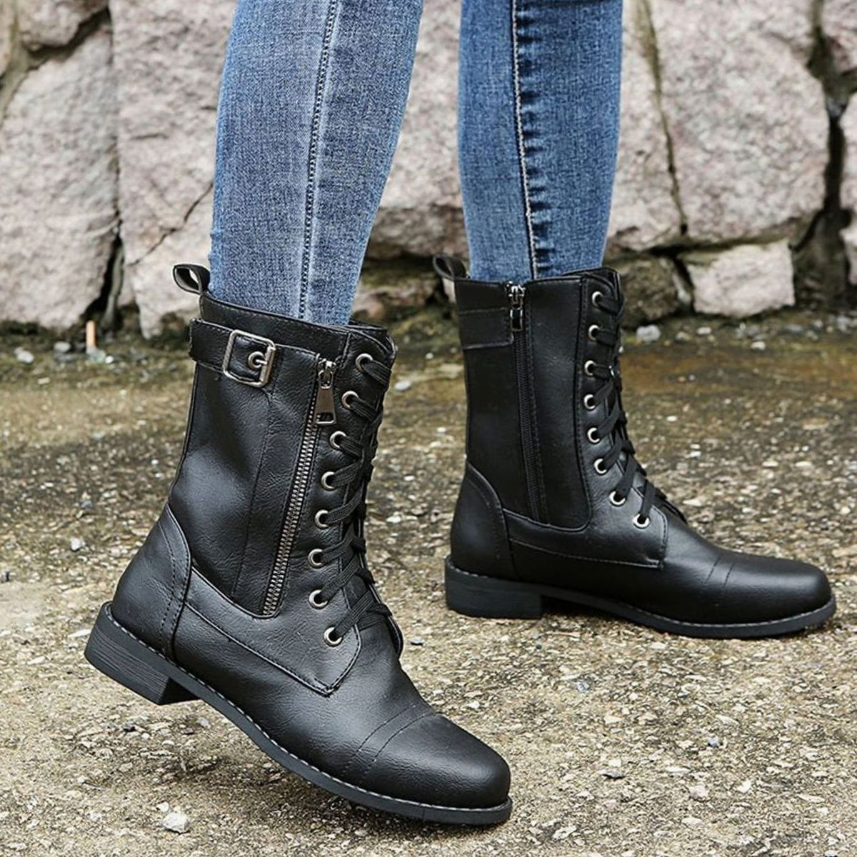 Dames veterboots van imitatieleer met zijrits