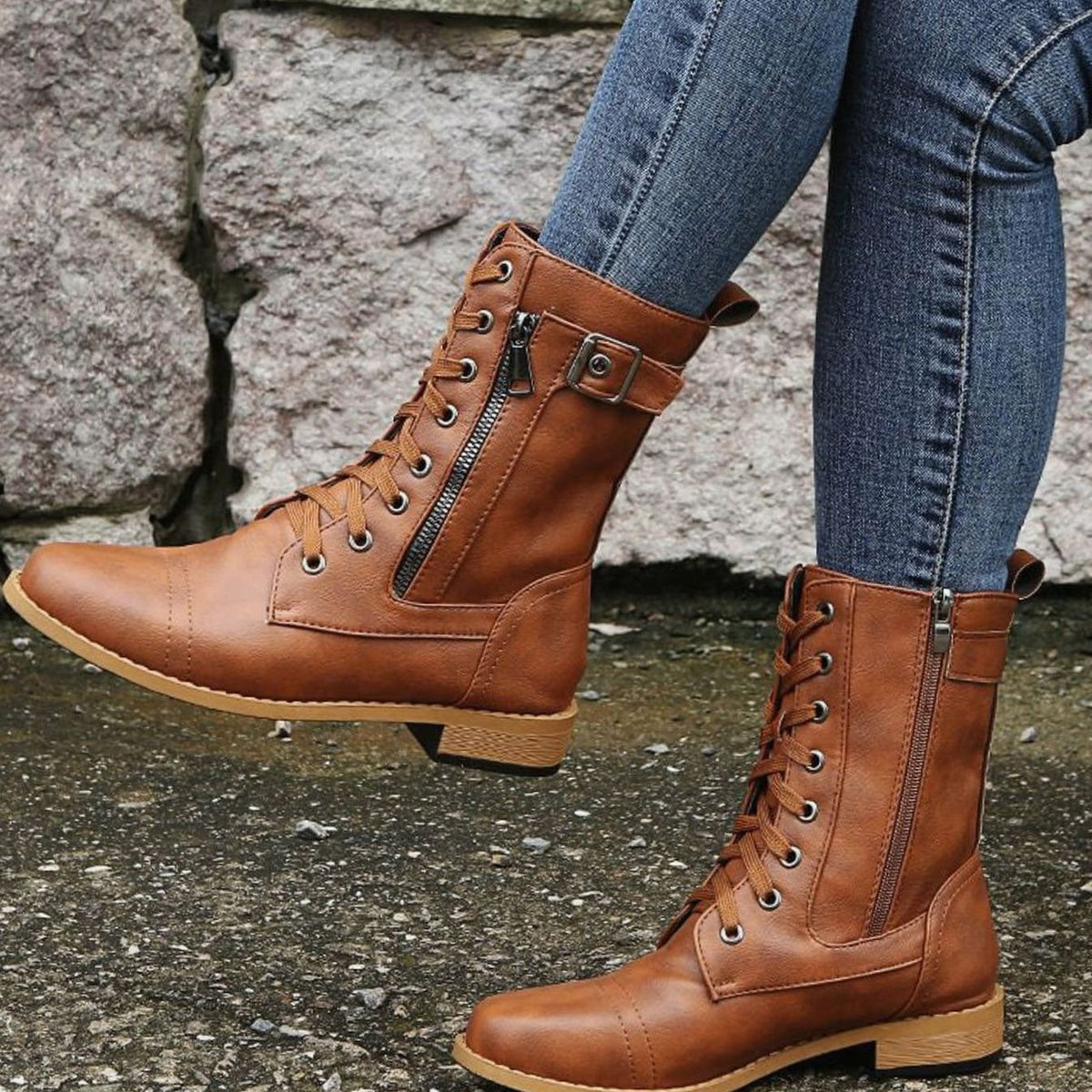 Dames veterboots van imitatieleer met zijrits