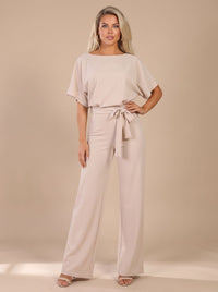Damesjumpsuit met korte mouwen, strikceintuur en wijde pijpen
