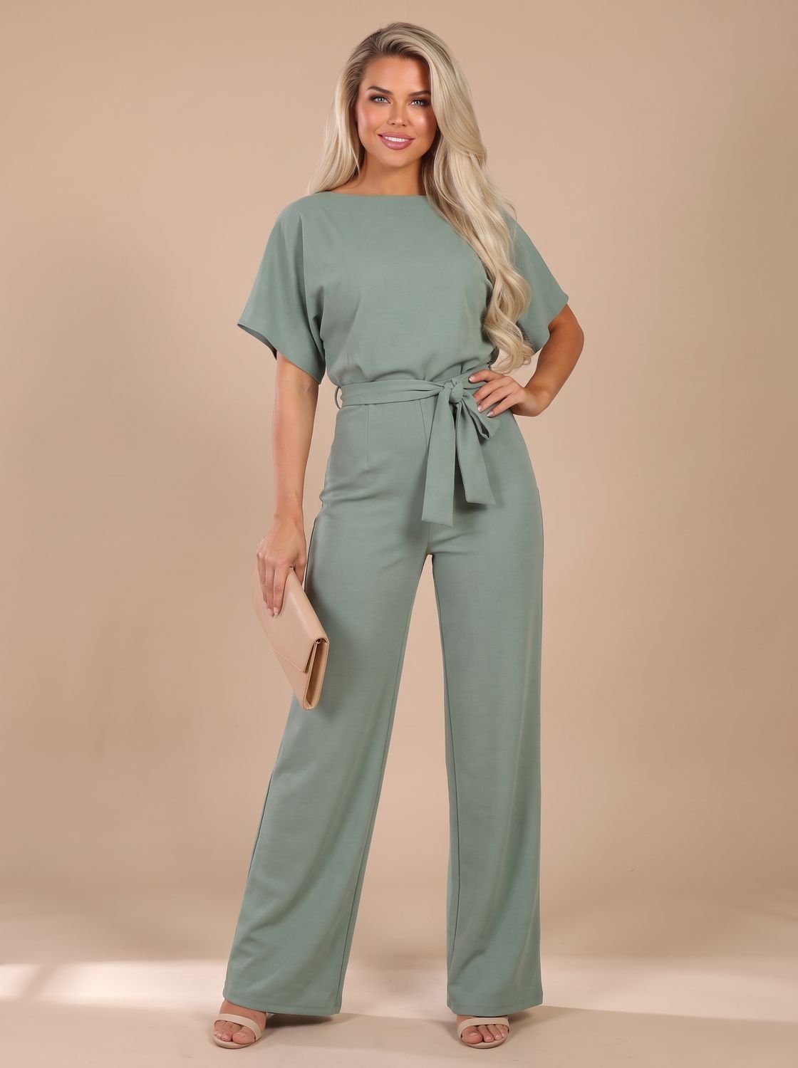 Damesjumpsuit met korte mouwen, strikceintuur en wijde pijpen