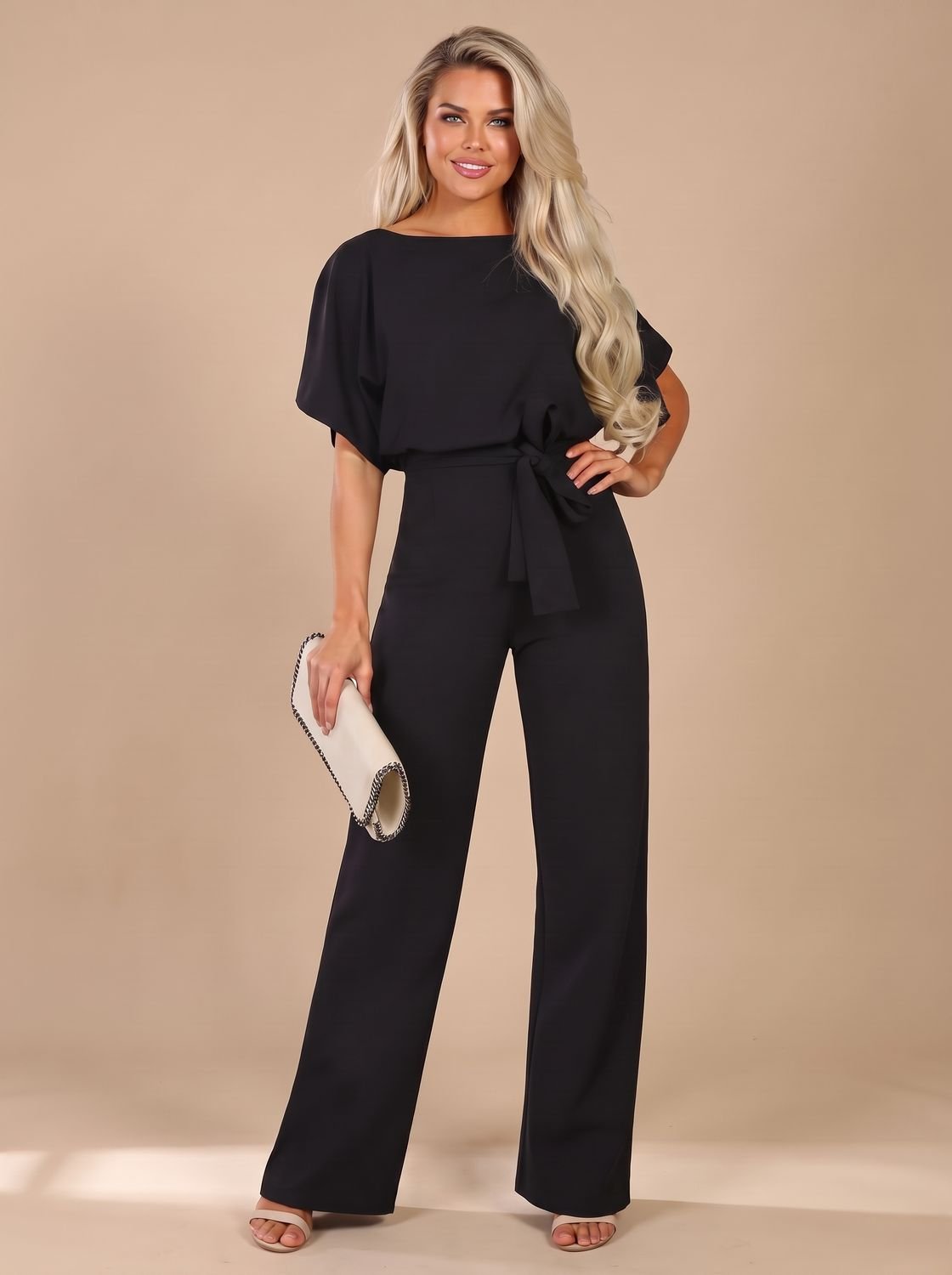Damesjumpsuit met korte mouwen, strikceintuur en wijde pijpen