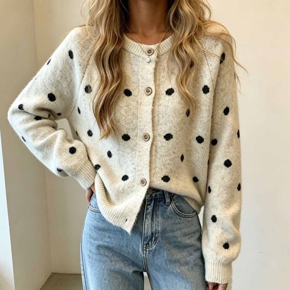 Damesvest met knopen, stippen en ronde hals in mohair-look