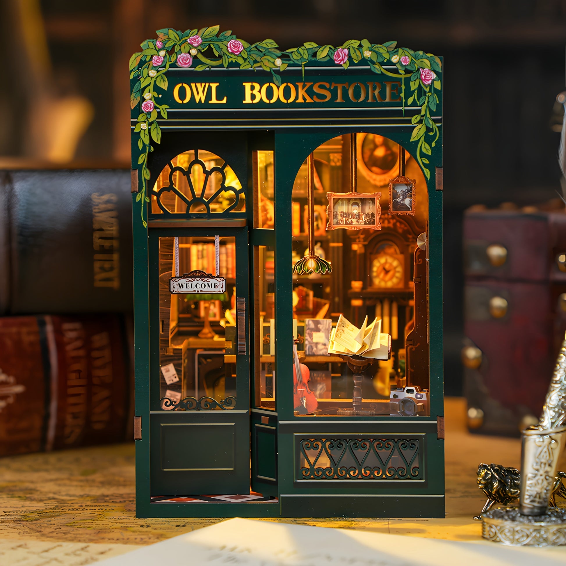 DIY Miniatuur Uil Boekwinkel – 3D Houten Kit met Verlichting voor Creatieve Decoratie