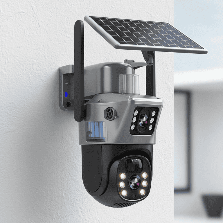 DUALGUARD CAM – Draadloze 4K Beveiligingscamera met Zonnepaneel & 360° Panoramisch Uitzicht