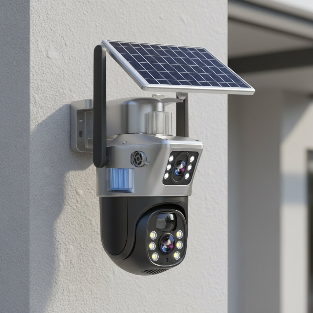 DUALGUARD CAM – Draadloze 4K Beveiligingscamera met Zonnepaneel & 360° Panoramisch Uitzicht