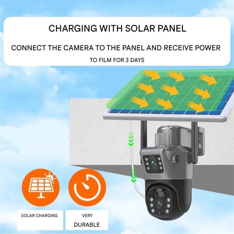 DUALGUARD CAM – Draadloze 4K Beveiligingscamera met Zonnepaneel & 360° Panoramisch Uitzicht