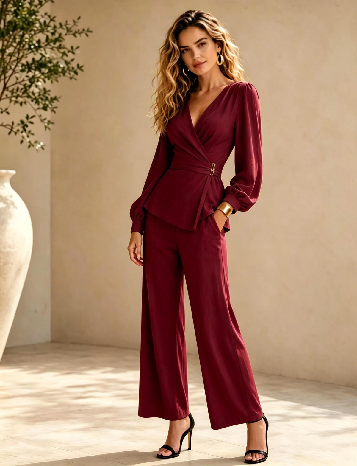 Elegante wikkeljumpsuit voor dames met wijde pijpen