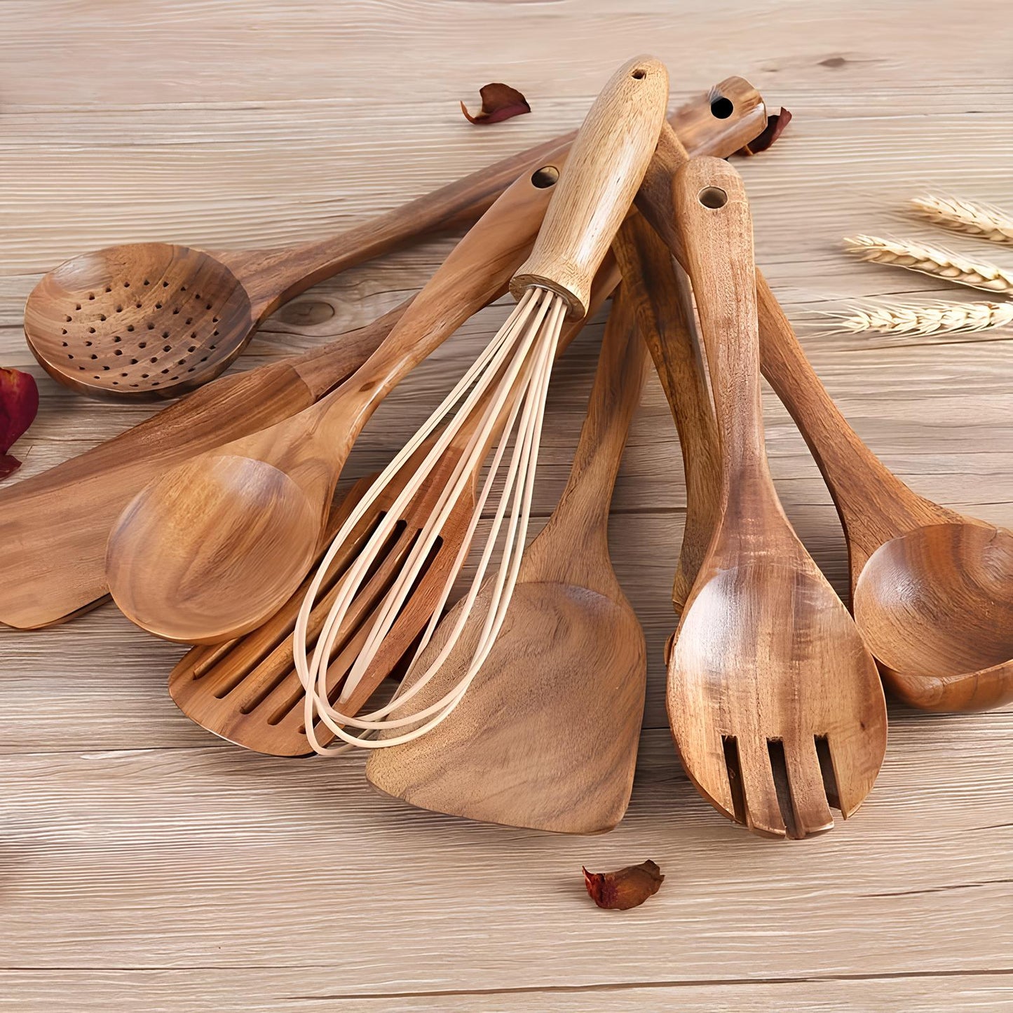 Emeja | 11-delige Teakhouten Keukengereedschapset | Met Houder | Natuurlijke Hout