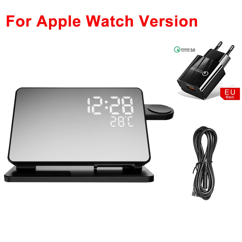 Emeja | 3-in-1 Snellader Station | Premium Draadloze Snellader Docking Station met Alarmklok | voor Apple iPhone, Watch & AirPods