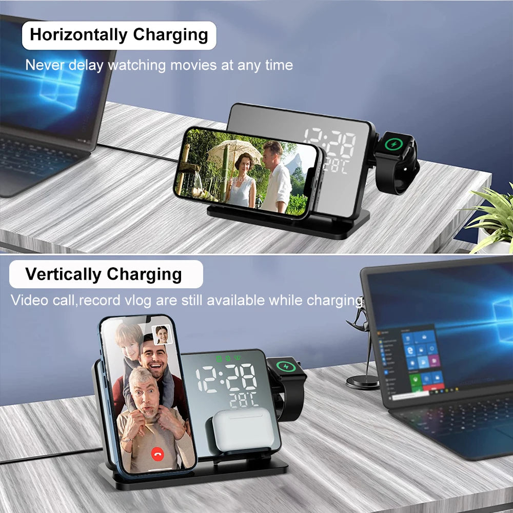Emeja | 3-in-1 Snellader Station | Premium Draadloze Snellader Docking Station met Alarmklok | voor Apple iPhone, Watch & AirPods