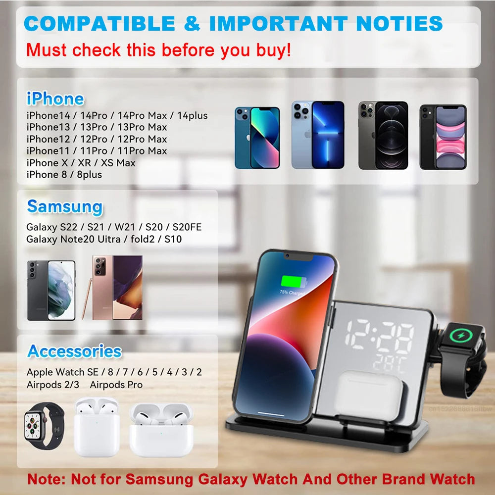 Emeja | 3-in-1 Snellader Station | Premium Draadloze Snellader Docking Station met Alarmklok | voor Apple iPhone, Watch & AirPods