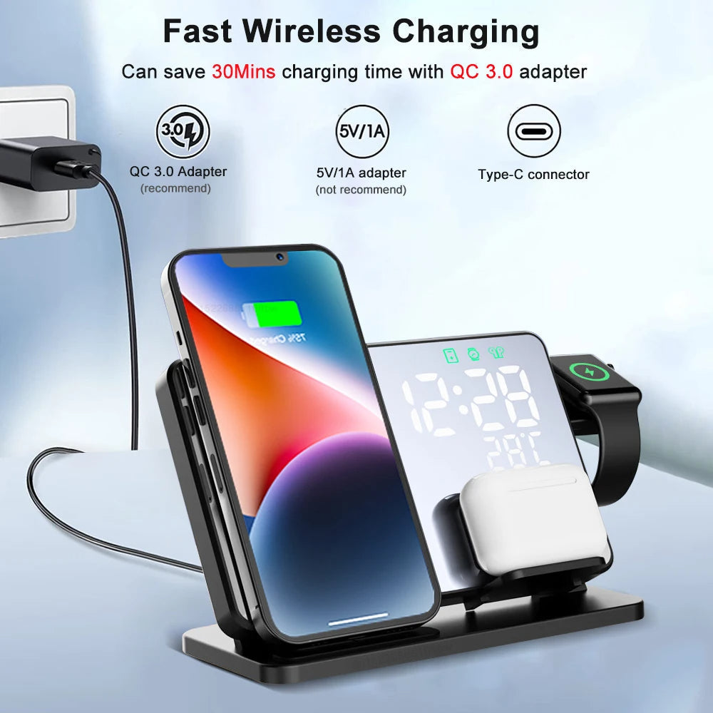 Emeja | 3-in-1 Snellader Station | Premium Draadloze Snellader Docking Station met Alarmklok | voor Apple iPhone, Watch & AirPods