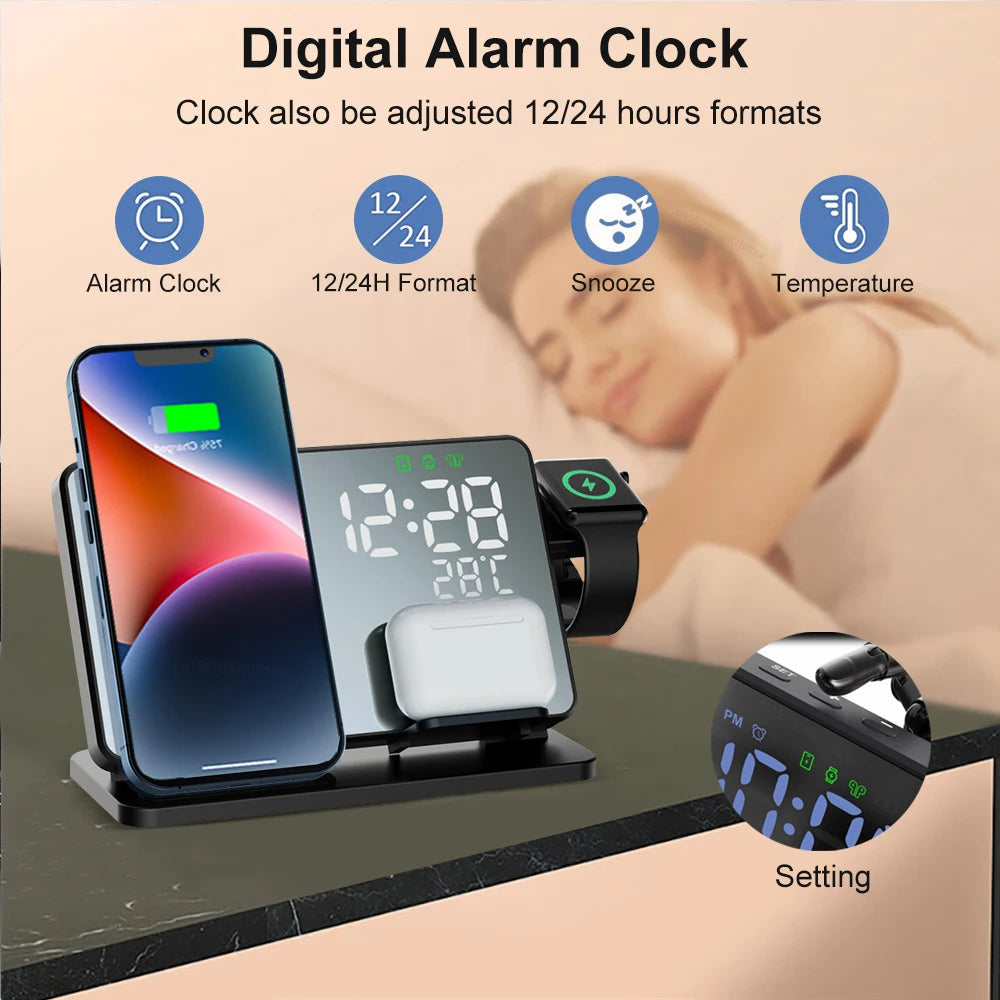 Emeja | 3-in-1 Snellader Station | Premium Draadloze Snellader Docking Station met Alarmklok | voor Apple iPhone, Watch & AirPods