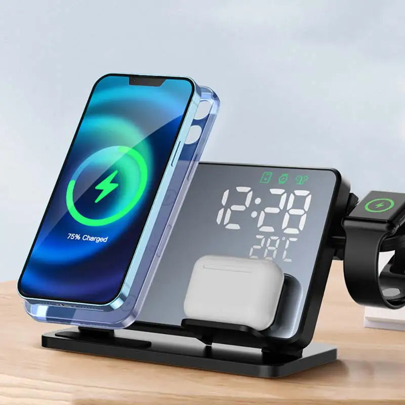 Emeja | 3-in-1 Snellader Station | Premium Draadloze Snellader Docking Station met Alarmklok | voor Apple iPhone, Watch & AirPods