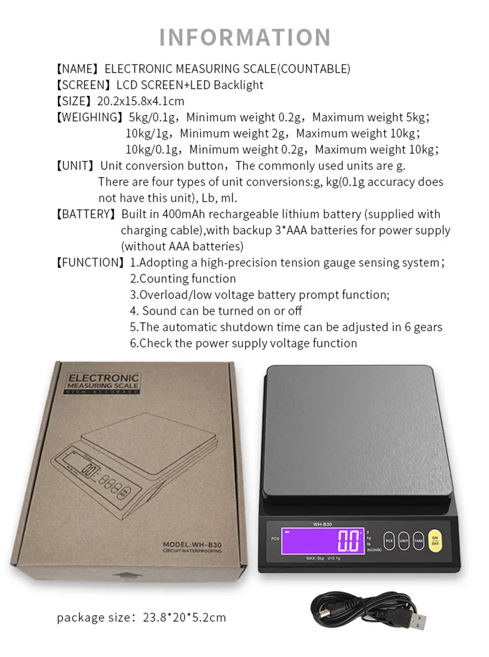 Emeja | 5 kg/0.1 g en 10 kg/1 g digitale elektronische keukenweegschaal, LCD-scherm, volledig waterdicht roestvrijstalen gereedschap voor bakken
