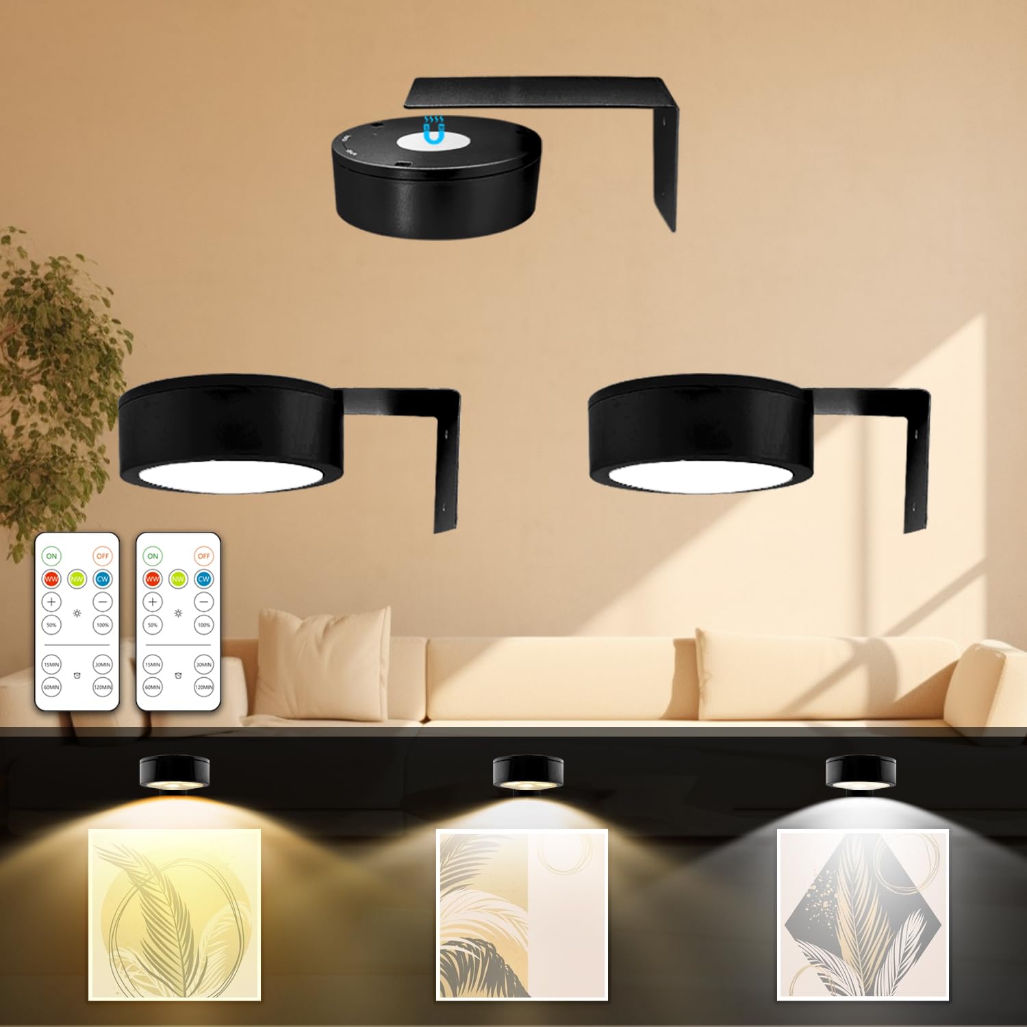 Emeja | Arixinks 3Pack Schilderijverlichting Op Batterijen Met Afstandsbediening, Verlichting Voor Kunst Met 3 Lichtkleuren & Dimbaar, Led Kunstdisplay