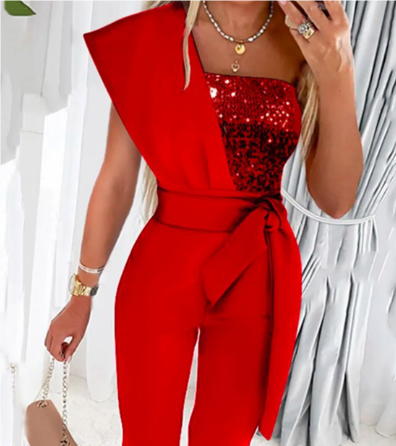 Emeja | Dames Eén-Schouder Pailletten Jumpsuit met Riem