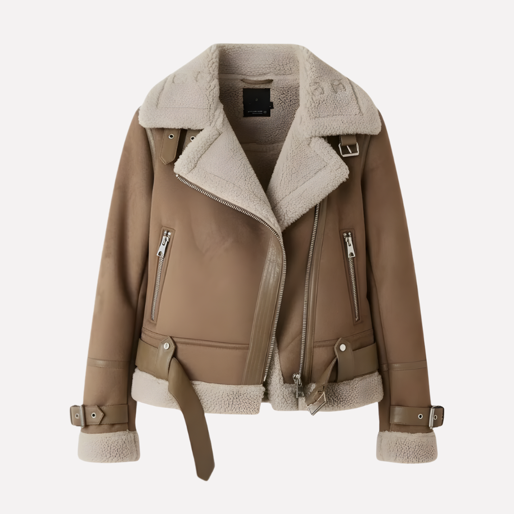 Emeja | Dames Faux Shearling Pilotenjack met Geknoopte Zoom