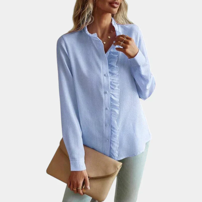 Emeja | Dames Gestreepte Blouse met Ruches Voorzijde