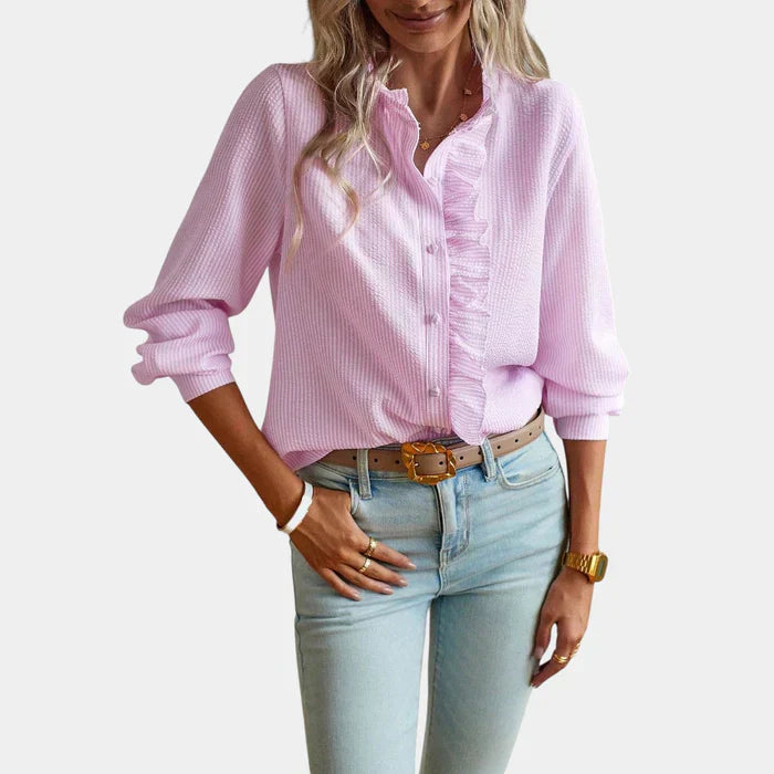 Emeja | Dames Gestreepte Blouse met Ruches Voorzijde
