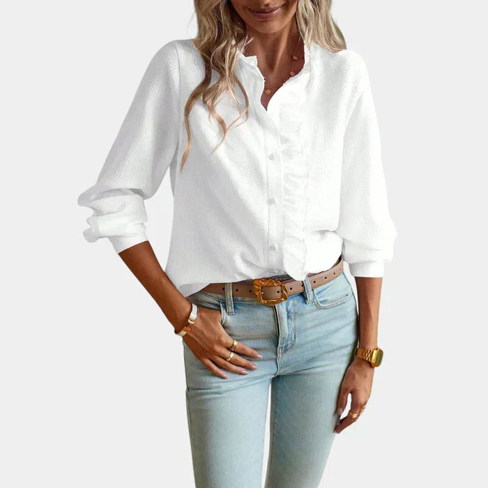 Emeja | Dames Gestreepte Blouse met Ruches Voorzijde
