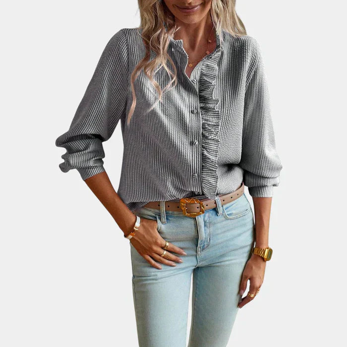 Emeja | Dames Gestreepte Blouse met Ruches Voorzijde