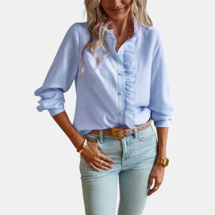 Emeja | Dames Gestreepte Blouse met Ruches Voorzijde