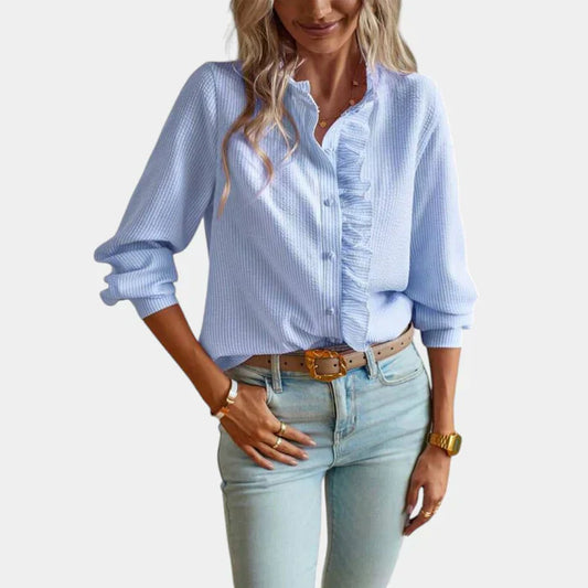 Emeja | Dames Gestreepte Blouse met Ruches Voorzijde