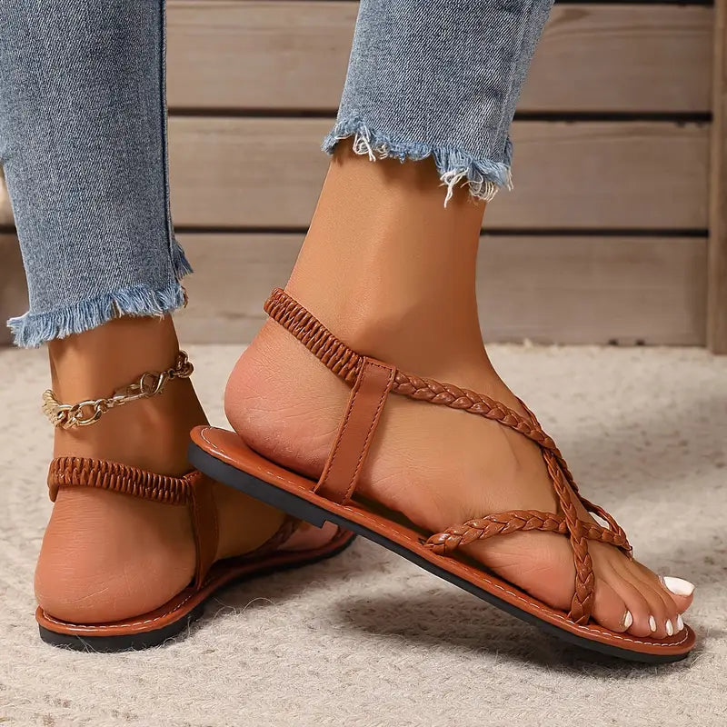 Emeja | Dames Gevlochten Band Plat Sandalen