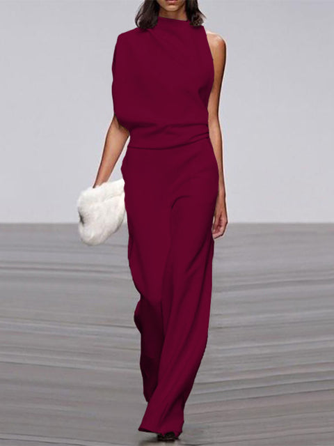 Emeja Dames Jumpsuit met Ronde Hals, Mouwloos en Wijde Pijpen