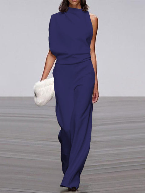 Emeja Dames Jumpsuit met Ronde Hals, Mouwloos en Wijde Pijpen