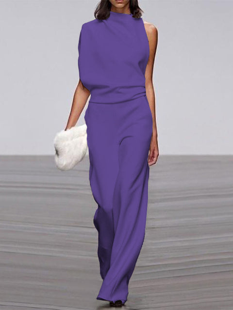 Emeja Dames Jumpsuit met Ronde Hals, Mouwloos en Wijde Pijpen