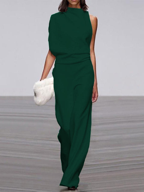 Emeja Dames Jumpsuit met Ronde Hals, Mouwloos en Wijde Pijpen
