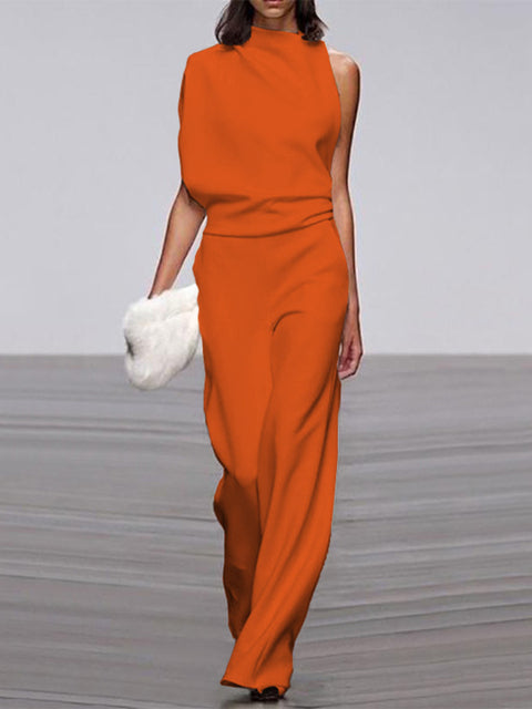 Emeja Dames Jumpsuit met Ronde Hals, Mouwloos en Wijde Pijpen