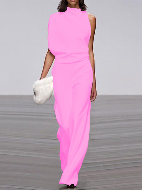 Emeja Dames Jumpsuit met Ronde Hals, Mouwloos en Wijde Pijpen
