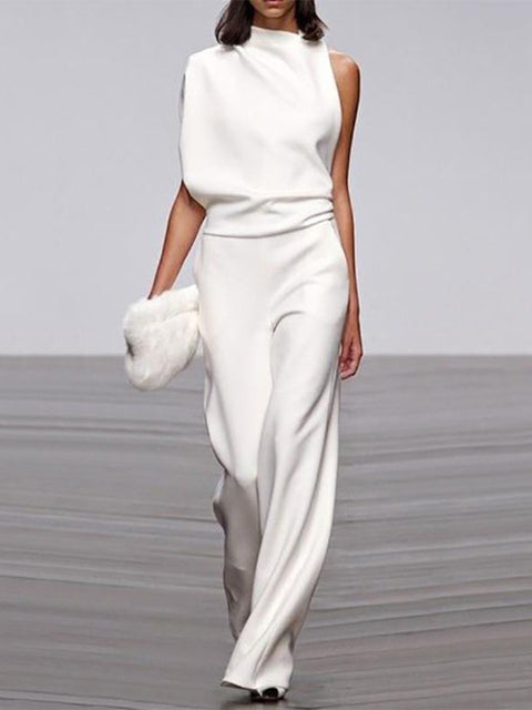 Emeja Dames Jumpsuit met Ronde Hals, Mouwloos en Wijde Pijpen
