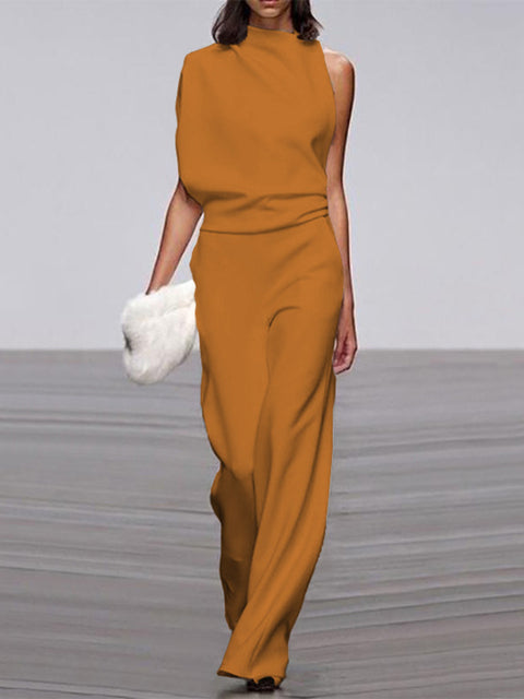 Emeja Dames Jumpsuit met Ronde Hals, Mouwloos en Wijde Pijpen