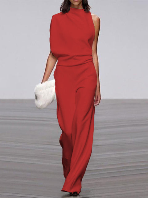 Emeja Dames Jumpsuit met Ronde Hals, Mouwloos en Wijde Pijpen