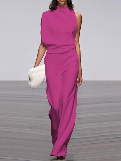 Emeja Dames Jumpsuit met Ronde Hals, Mouwloos en Wijde Pijpen