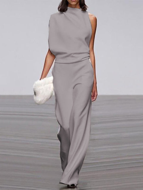 Emeja Dames Jumpsuit met Ronde Hals, Mouwloos en Wijde Pijpen