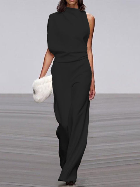 Emeja Dames Jumpsuit met Ronde Hals, Mouwloos en Wijde Pijpen