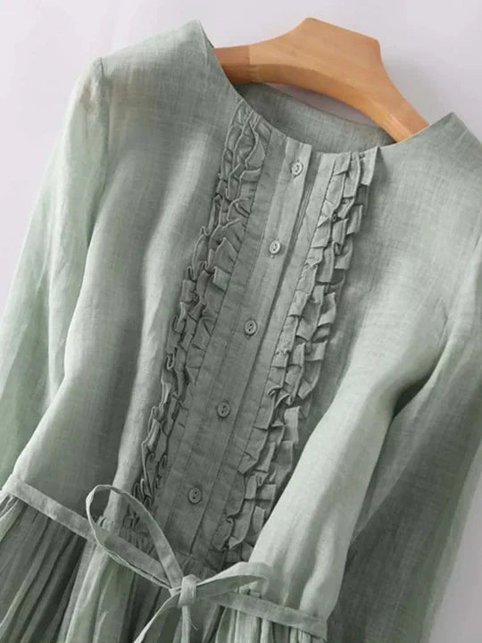 Emeja | Dames Midi Jurk met Rimpelnek en Strik Taille