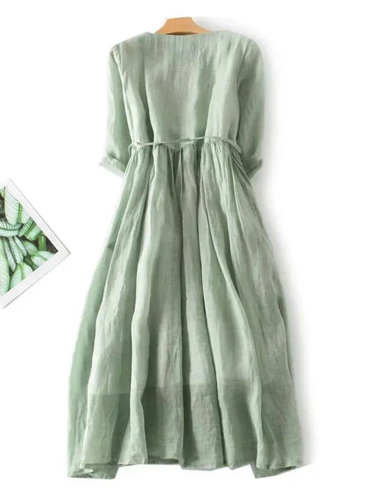 Emeja | Dames Midi Jurk met Rimpelnek en Strik Taille