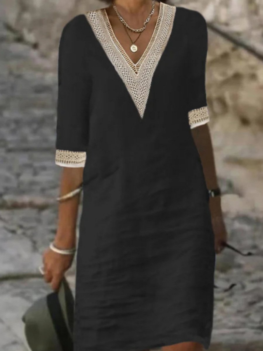 Emeja | Dames V-Hals Midi Jurk met Kant