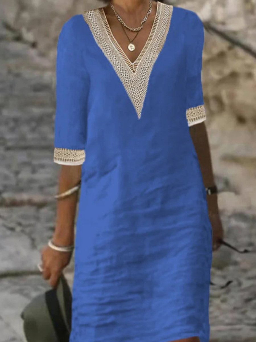 Emeja | Dames V-Hals Midi Jurk met Kant