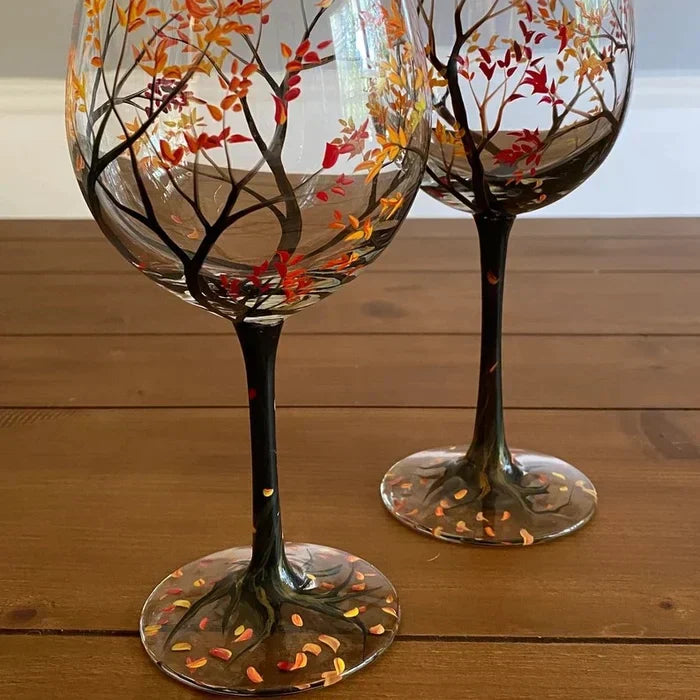 Emeja | Handgeschilderde Wijn Glazen met Vier Seizoenen Boom | Unieke Kunst
