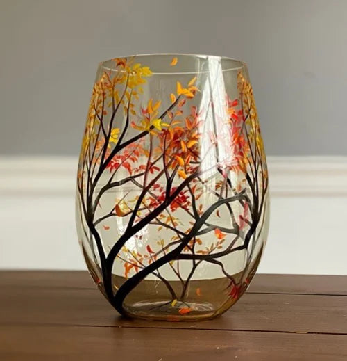 Emeja | Handgeschilderde Wijn Glazen met Vier Seizoenen Boom | Unieke Kunst