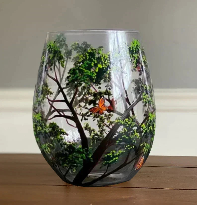 Emeja | Handgeschilderde Wijn Glazen met Vier Seizoenen Boom | Unieke Kunst