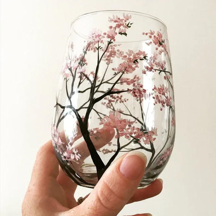 Emeja | Handgeschilderde Wijn Glazen met Vier Seizoenen Boom | Unieke Kunst
